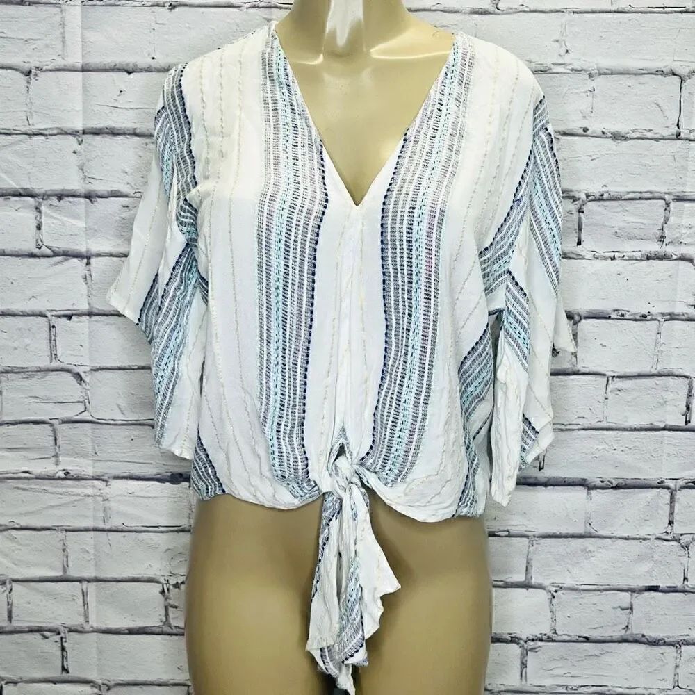 Lovestitch Womens White Flare sleeve Striped V-Neck Front Tie Blouse Size Small